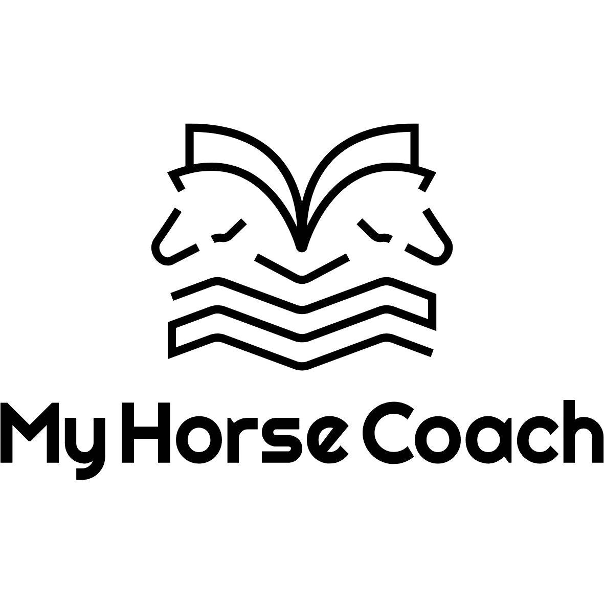 Das Logo von MyHorseCoach in schwarz mit einem Pferdekopf und einem Buch.